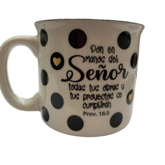 Taza con Frase de Dios de Porcelana Color Blanco, Negro y Amarillo de 400ml