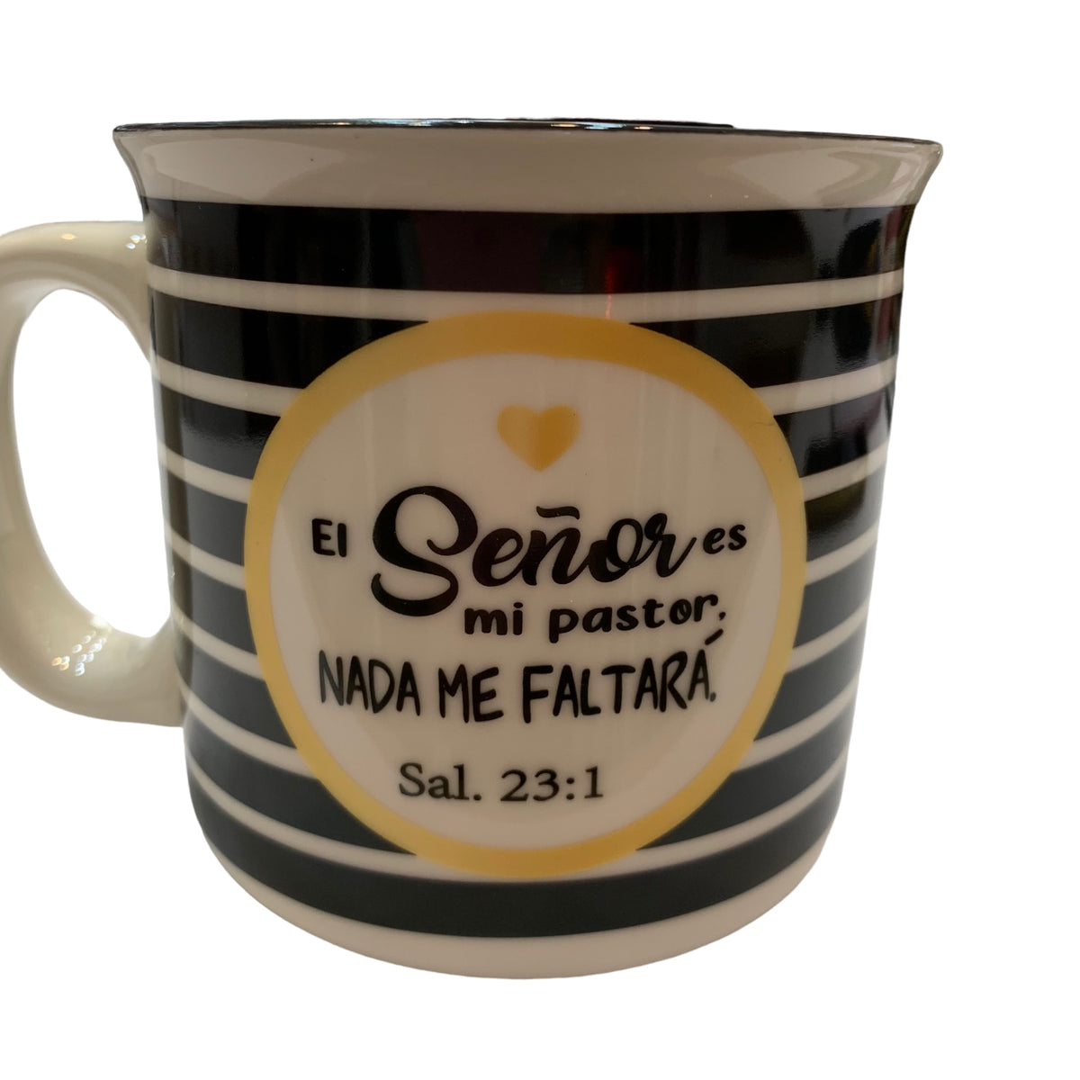 Taza con Frase de Dios de Porcelana Color Blanco, Negro y Amarillo de 400ml